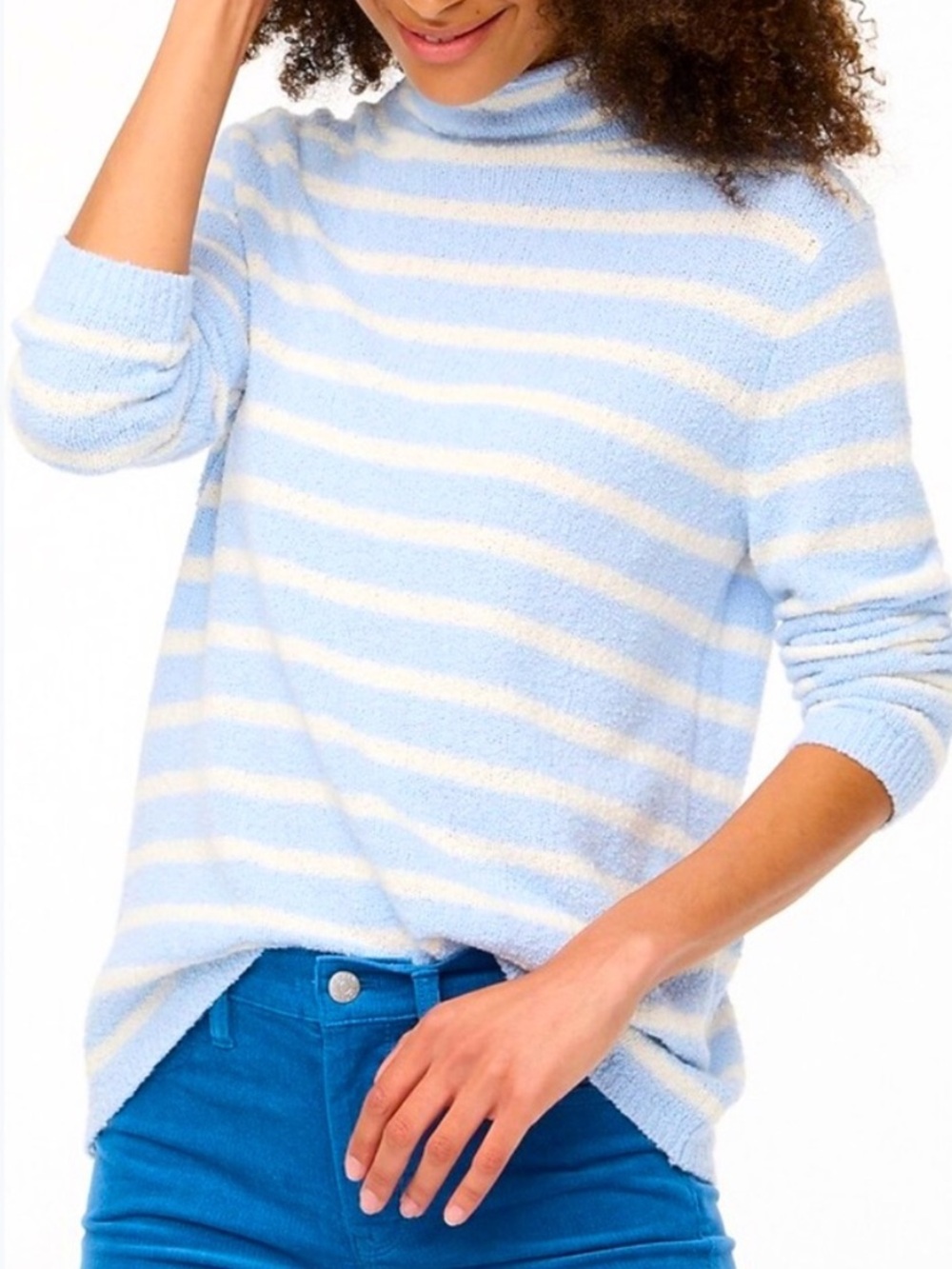 J.Crew Striped Terry Mock Neck Sweater M Light Blue White Coastal